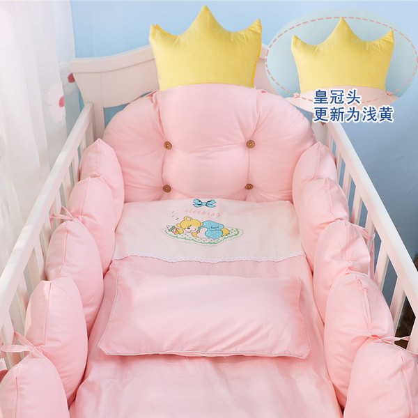 100% Cotton Crib Bed Linen Kit,Crown Design Baby Crib Bedding Set,Baby Bedding Set Includes Bumpers+Pillow+Quilt+Mattress cover