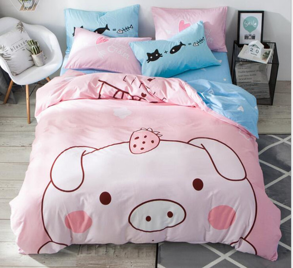 Children's Bedding Four-piece Set Cartoon 4pcs Pink Heart Bedding Set Super King Bed Linens Reactive Printing Duvet