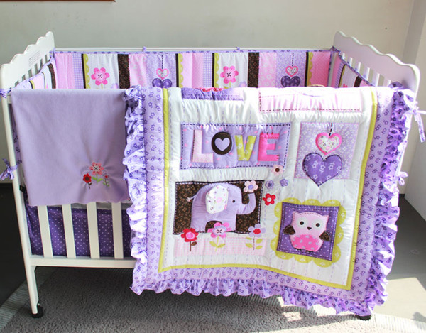 8Pcs Baby bedding set Purple 3D Embroidery elephant owl Baby crib bedding set 100% cotton include Baby quilt Bumper bed Skirt etc