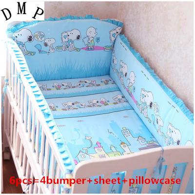 Promotion! 6PCS Baby Bed 100% Cotton New Crib Bedding Set Nursery Bedding,include(4bumpers+sheet+pillowcase)