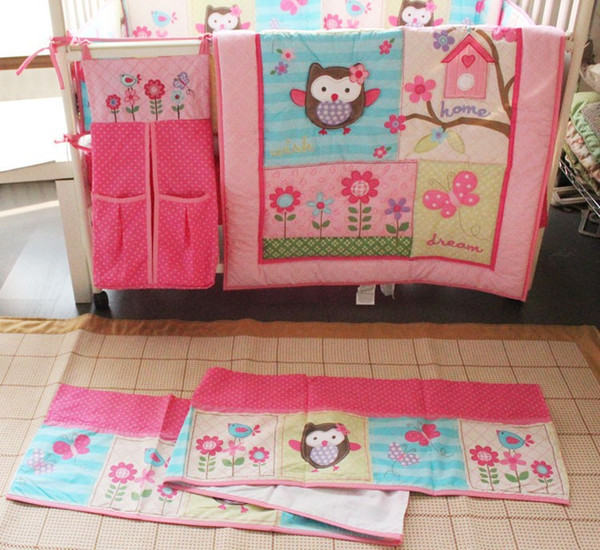 Sale 7pcs Baby bedding set Embroidery owl butterfly flowers Crib bedding set Baby Quilt Bed around Mattress Cover Bed skirt Cot bedding set