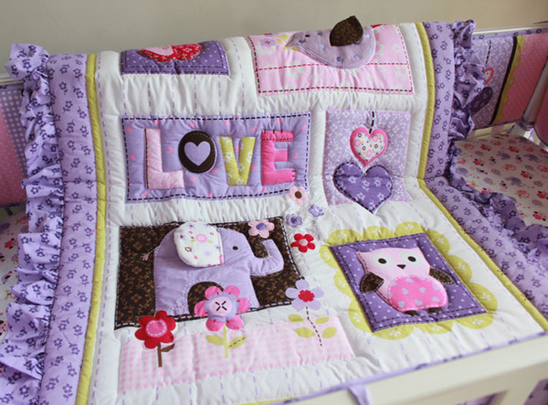 8Pcs Baby bedding set Purple 3D Embroidery elephant owl Baby crib bedding set 100% cotton include Quilt Bumper Bed Skirt etc Cot bedding