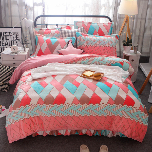 HOT 3D Flannel Bedding Sets Bedclothes 9 Colors Four-piece 3D Printing Flannel Warm Bedding Set Pillows Bedsheet Quilts Cover Free Shipping