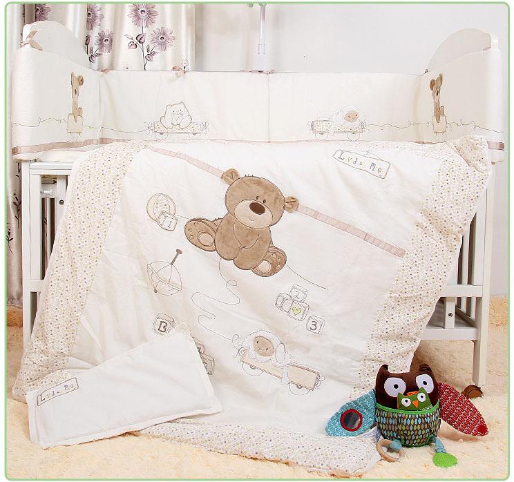 Wholesale-7Pcs Baby Bedding Set for Crib Newborn Baby Bed Linens for Girl Boy Cartoon Bear Detachable Cot Bumpers Sheet Quilt