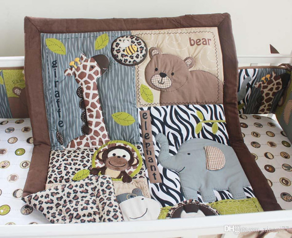 Baby Bedding Set Cotton 3D Embroidery Bear Elephant Giraffe Owl Animal world Quilt Bumper Mattress Cover 7 Pieces