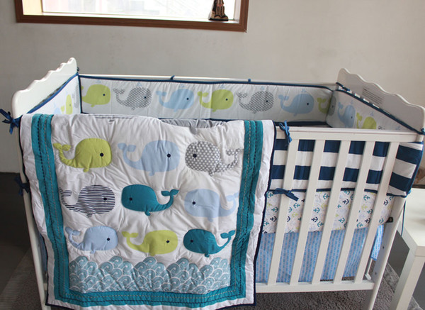 8 Pieces Baby Bedding Set Embroidery 3D Ocean Whale Baby Crib Bedding Set Cotton Quilt Bedskirt Bumper Blanket Crib Bedding Set