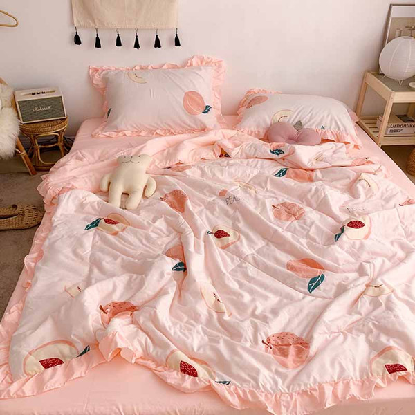 Summer Quilt Sub-cooled INS Cartoon Blanket for Home Baby Washed Cotton Lace Summer Quilts 4pcs Set