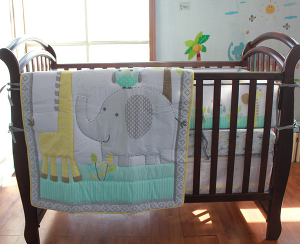 New Brand Crib bedding set Cotton 7Pcs Baby bedding set for infant Bumper set in the crib Embroidery owl elephant giraffe