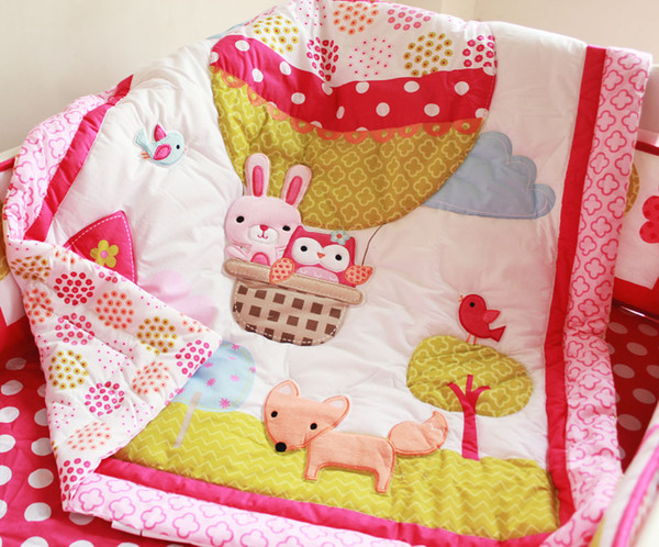 7Pcs Baby bedding set Embroidery 3D Hot air balloon rabbit fox owl Baby crib bedding set bedskirt quilt bumper Cot bedding set