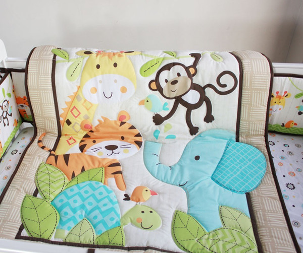 Wholesale 2016 Hot selling Cotton Baby bedding set 6 Pieces embroidery tiger monkey bird Cot bedding set comfortable Crib bedding set