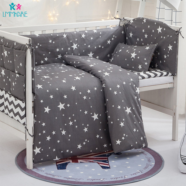 Grey Stars Cotton Breathable Baby Bedding Sets Newborn Crib Bumper Include Baby Pillow+Bumpers+Sheet+Duvet Cover Babies Products