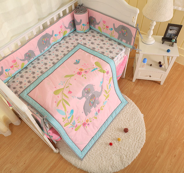 New arrival 7Pcs Baby girl bed linens cotton Cot bedding set Crib bumper set Flowers bloom Elephant Crib bed set Quilt/Bumper/skirt