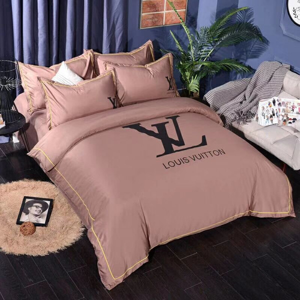 New Bedding Sets washed silk four-piece cool comfortable bedding high quality simple letter four-piece set queen size