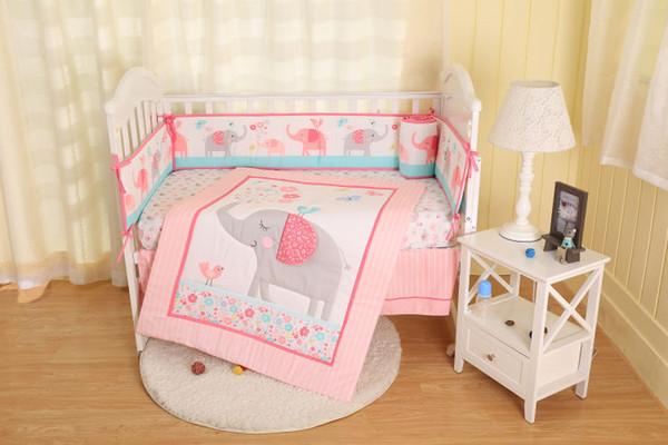 2019 new style 100% polyester pink elephant baby bedding set-comforter, crib sheet, crib skirt, bumpers for boy and girl infant