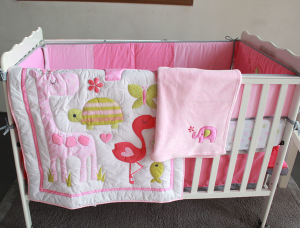 Wholesale 2016 7Pcs pink Baby girls bedding set 100% cotton Embroidery home of flamingos Crib bedding set Quilt Bedskirt Bumper Cot bedding