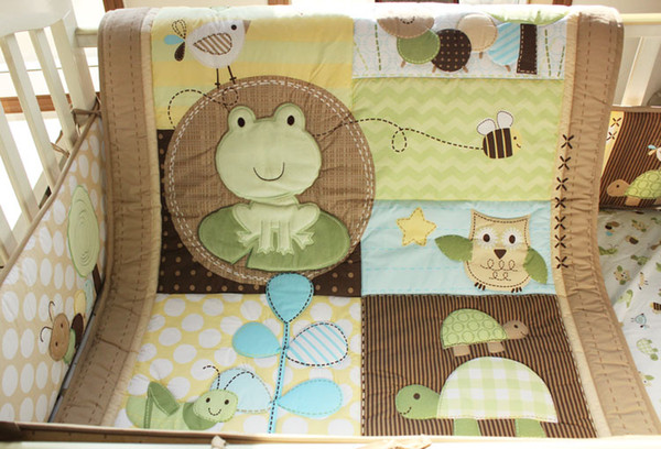 9Pcs Baby bedding set Embroidered tortoise frog owl Cot bedding set Crib bedding set Quilt Bumper Bed Skirt Blankets Diaper Bag