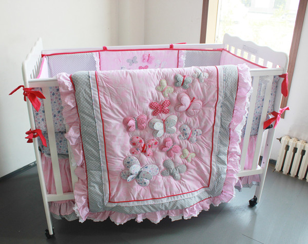 Baby Girl Crib Three-Dimensional Embroidery Butterfly Flying Pink Cotton 8 Pieces Baby Bedding Set Quilt Bumper Bed Skirt Fitted Diaper Bag