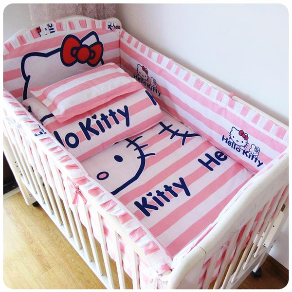 Baby Bed Set Bumper Cotton Beautiful Baby Bedding Set Pink Striped Cartoon Cat Comfort Cot Sheet Girl Bedding Sets Bumpers