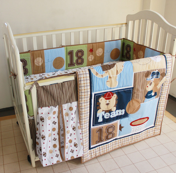 8Pcs Baby bedding set Embroidered bear Baseball combination Crib bedding set Quilt Bumper Bed Skirt Diaper bag Cot bedding set