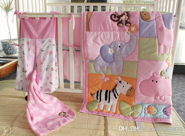 Muslin Bear 4-6 Items Pink Zoo Pattern Embroidery Baby Bedding Set Baby Quilt+Bumper+Bed Skirt+Mattress Cover+Diaper Bag+Blanket