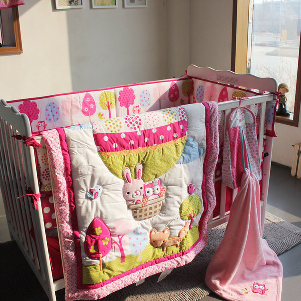 8 pieces cotton baby bedding set embroidery 3D Hot air balloon rabbit fox owl quilt bedskirt bumper blanket crib bedding set