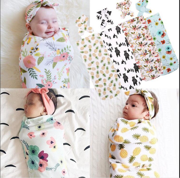 Infant Baby Swaddle Sack Baby Floral Pineapple Blanket Newborn Baby Soft Cotton Cocoon Sleep Sack With Matching Knot Headband Two Piece Set