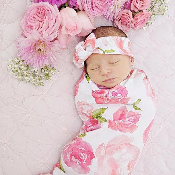 Infant Baby Swaddle Sack Baby Girl Rose Flower Blanket Newborn Baby Soft Cotton Cocoon Sleep Sack With Matching Knot Headband Two Piece Set