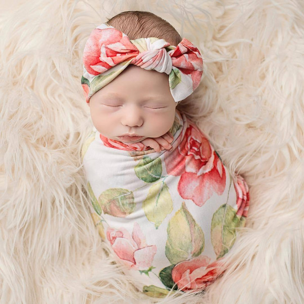 2018 Cute Newborn Baby Vintage Floral Bow Knot Headband+ Swaddle Blanket Burp Wrapped Photograph Props