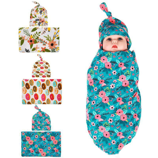 Newborn Baby Swaddling Blankets Headbands Floral Hat Set Baby Swaddle Wrap Blanket 90*90cm Baby Cotton wrap cloth Hairbands Free Ship