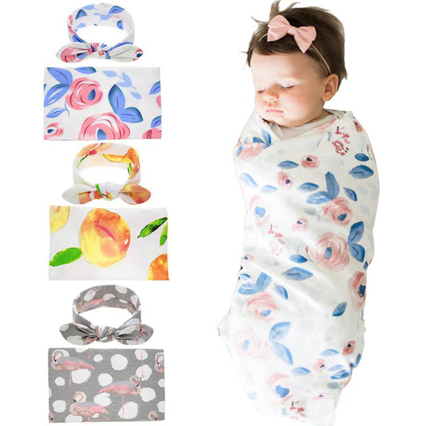 Newborn Baby Sleeping Wrapped Blankets and Rabbit Ears Headband Set Flower Print Towels Hug Blanket Cotton Kids Hair Accessories