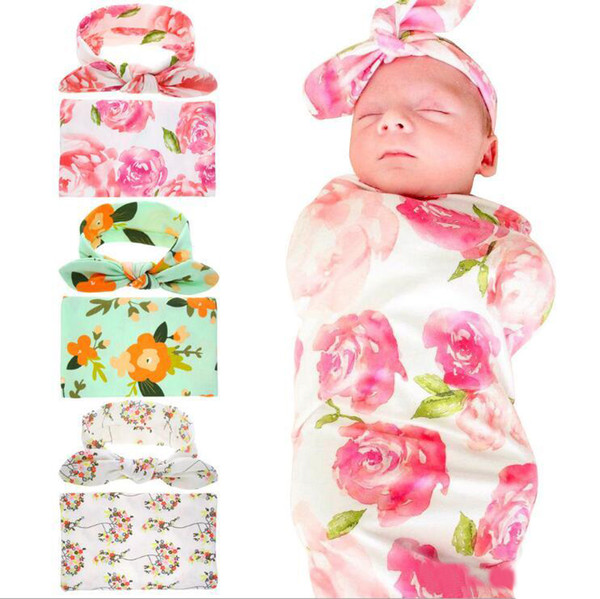 2019 Infant baby swaddle Rabbit Ear Headband Set Printed blankets Newborn Photographed Wrap Receiving Blanket Bedding Sleep Sack