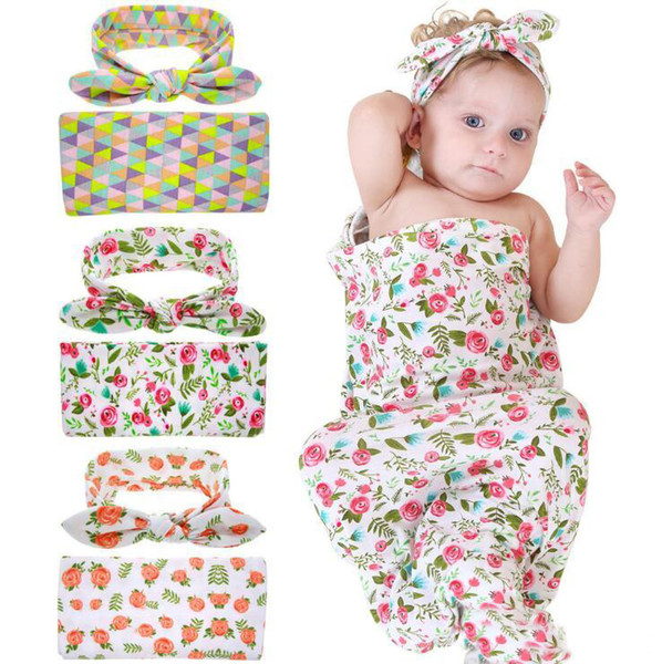 Newborn Infant Swaddle Blanket Headwrap Hospital Swaddled Set Floral Baby Swaddle and Rabbit Ears Headband Baby Photography Prop