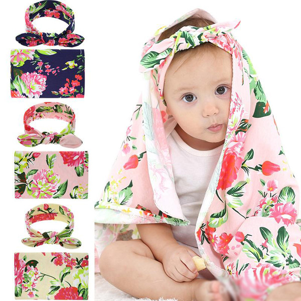 Newborn Baby Sleeping Wrapped Blankets Rabbit Ears Headband Set Printed Large Peony Flower Towels Kids Cotton Hair Accessories