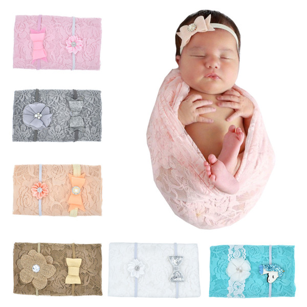 Receiving Blankets Newborn Lace Wrap Photography Baby Stretch Wrap with Hairbands Swaddle Newborn Shooting Blanket Infant Photoshoot Props
