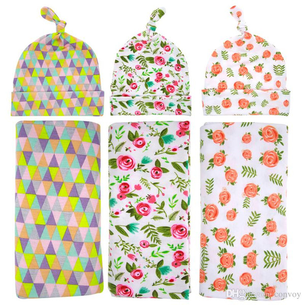 Hot sale Newborn Swaddle Wrap Blanket Hat set Baby Floral plaid Pattern Swaddle Knot Caps Set Baby Cotton wrap cloth Grid robes BHB05