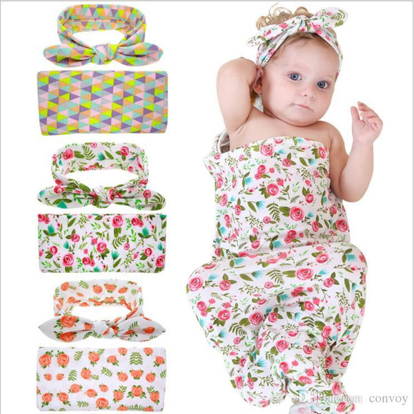 Europe Hot-sale Newborn Baby Swaddle Blankets Headband Set With Bunny Ear Headbands Swaddle Wrap Cloth with Floral Pattern Head bands BHB04