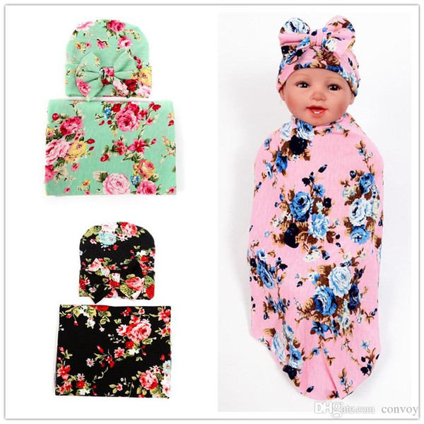 INS Newborn Baby Swaddle Wrap Blanket Hat Set Infant Flower Floral Swaddle Soft Cotton Sleep Sack Wrap Cloth With Bow Cap Hats BHB15