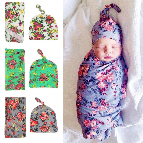 2016 Newborn Swaddle Wrap Blanket with Knot Caps Set Baby Floral Pattern Swaddle Set Cotton Baby wrap cloth gray green white robes BHB02