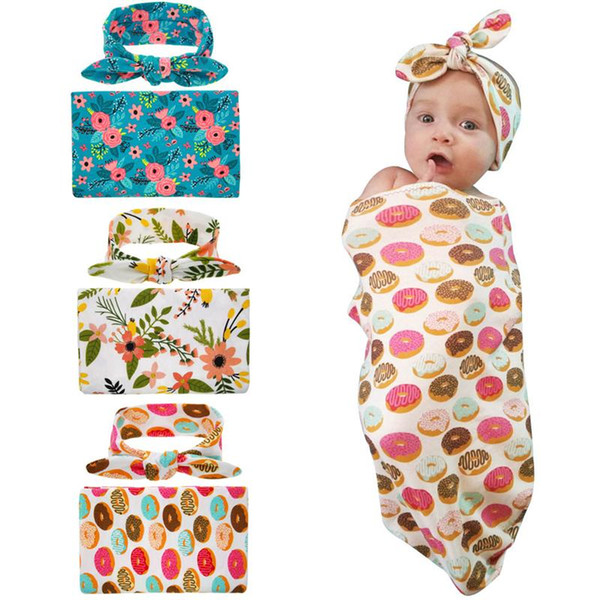 Newborn Baby Swaddling Blankets Bunny Ear Headbands Set Baby Swaddle Wrap Blanket with Floral Pattern Hairbands Baby Cotton wrap cloth BHB01