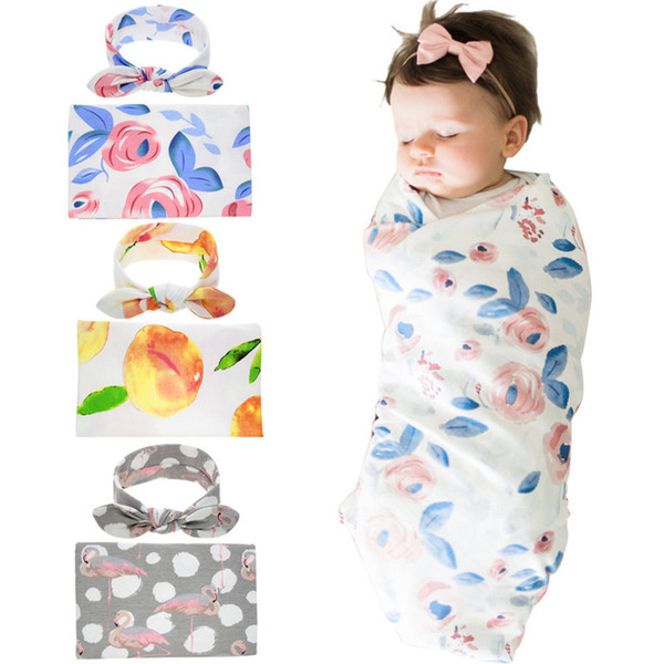 Newborn Baby Floral Swaddling Blanket with Bow Bowknot Hair Wrap Headband 2 Piece Set Flower Swaddle Wrap Nursery Bedding gifts 2020 D3510