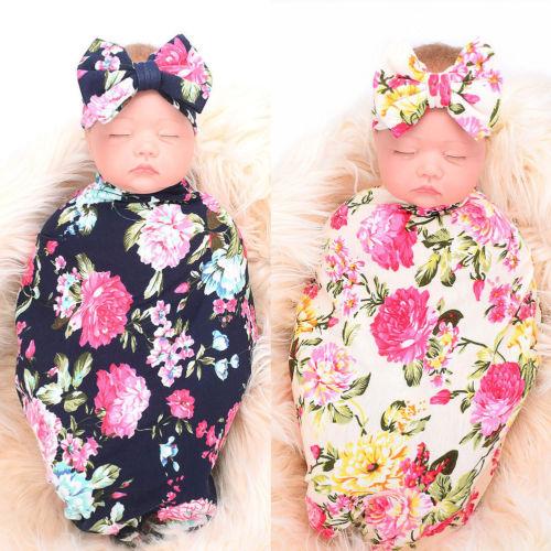 Infant Newborn Baby Girls Flower Cute Swaddle Blanket Sleeping Swaddle Muslin Wrap Hat 2pcs 80cm