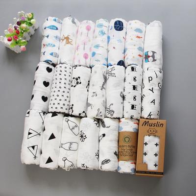 Ins Maternity Newborn Muslin Swaddles Blanket 65 Cute prints 100%cotton Black white Stroller Cover Bedding Bath Towels 2 layers 120*120cm