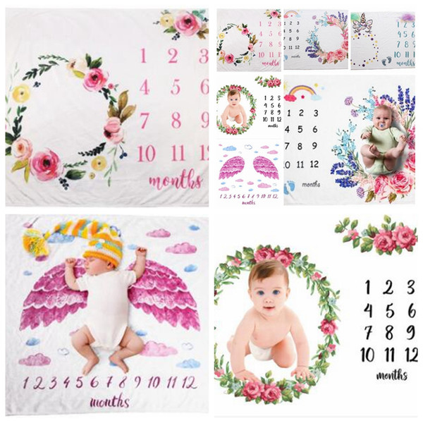 Newborn Photography Background Circular Flannel Blankets Baby Milestone Blankets Infants Flowers Number Swaddle Letter Swaddling Wrap D6983