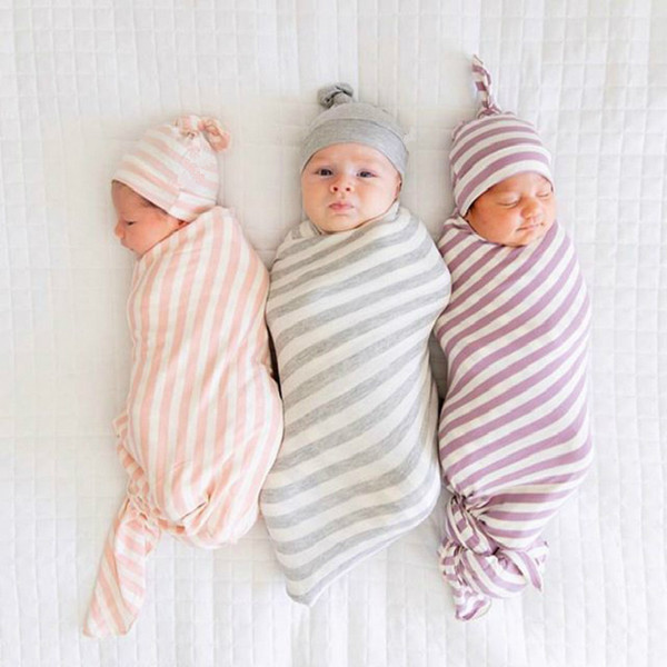 Newborn Stripe Swaddle+Hat Set Hospital Receiving Blanket Wrap Baby Sleep Sack Sage Cocoon with Matching Hat Infant Photography Prop