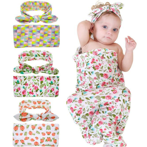 2017 Baby Boys Girls Flower Print Blanket + Top wrapped cloth headband Sets Newborn Headwear Knit Blanket Sets