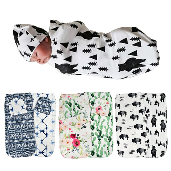 2Pcs/Set Baby Boy Girls Floral Stretch Sleeping Swaddle Blanket Hat Head Wrap