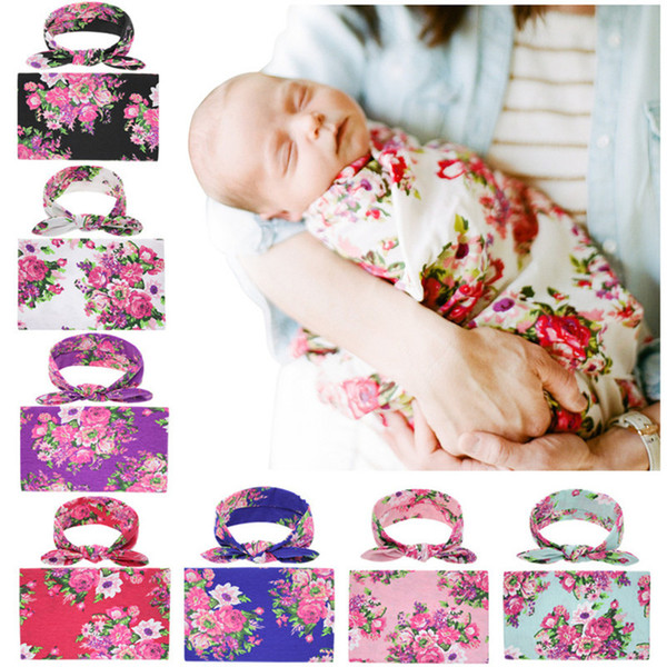 Newborn Baby Swaddling Blankets Bunny Ears Headbands 2 Pieces Set Swaddle Photo Wrap Cloth Floral Flower dot Nursery Bedding gifts new D3510