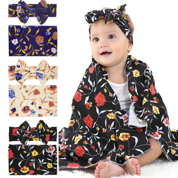 INS Newborn Baby Swaddles Blankets Wraps + Bunny Ears Headbands 2 Pieces Set Swaddlling Photo Wrap Cloth Floral Flower Nursery Bedding D3510