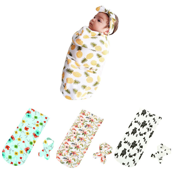 Newborn Infant Baby Cotton Flower Swaddle Blanket Swadding 2Pcs Set Soft Sleeping Swaddle Muslin Wrap Headband Clothes