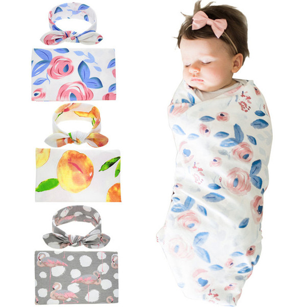 Newborn Baby Floral Swaddling Blanket with Bow Bowknot Headband 2 Pieces Set Swaddle Wrap Bag and Flower Hair Wrap Nursery Bedding D3510